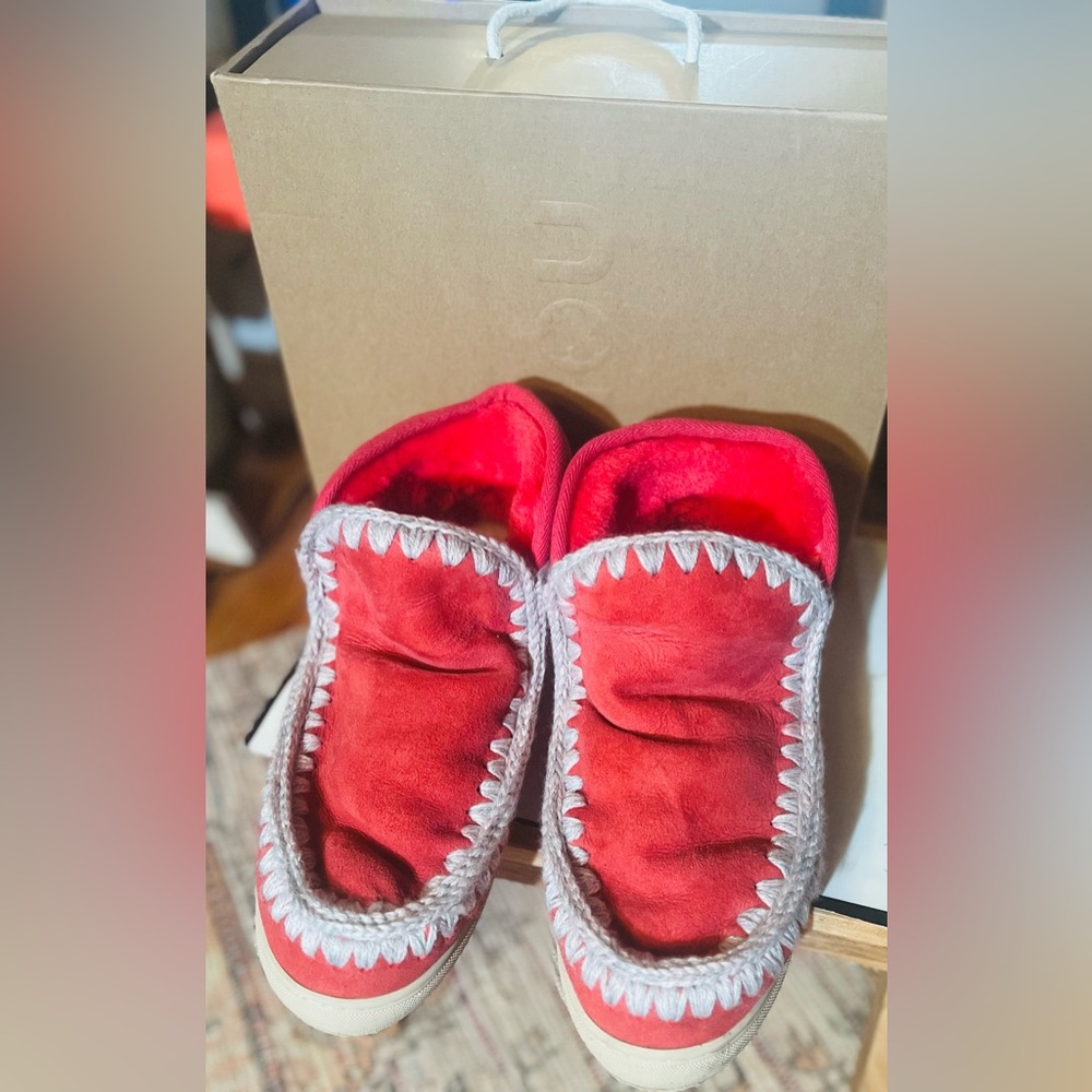Mou Rose Red Sneaker Boots with Tan Trim